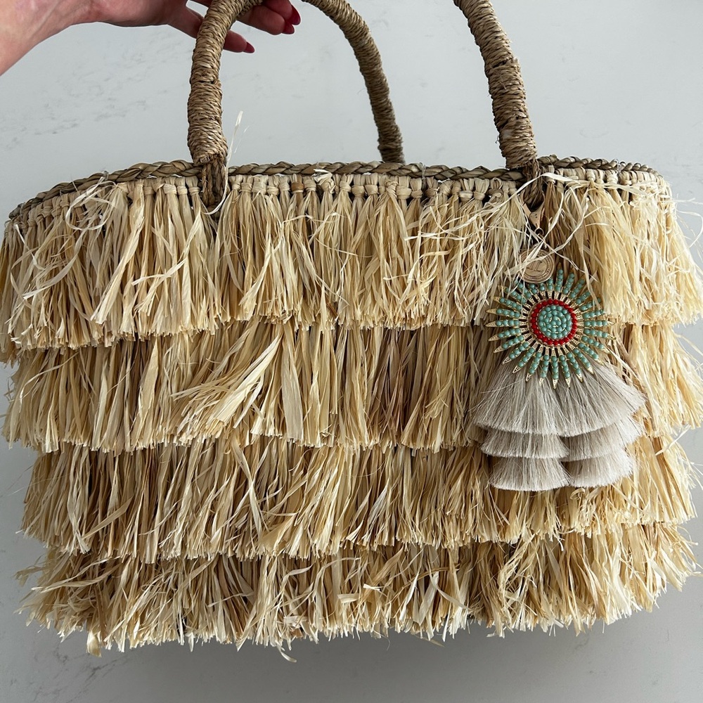Natural Straw Fringe Tote Bag